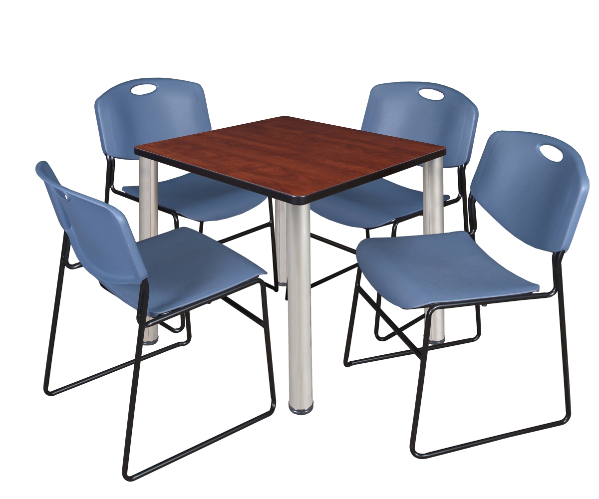 TB3030CHBPCM44BE Cherry 30 in. Kee Square Breakroom Table with Chrome & Blue 4 Zeng Stack Chairs