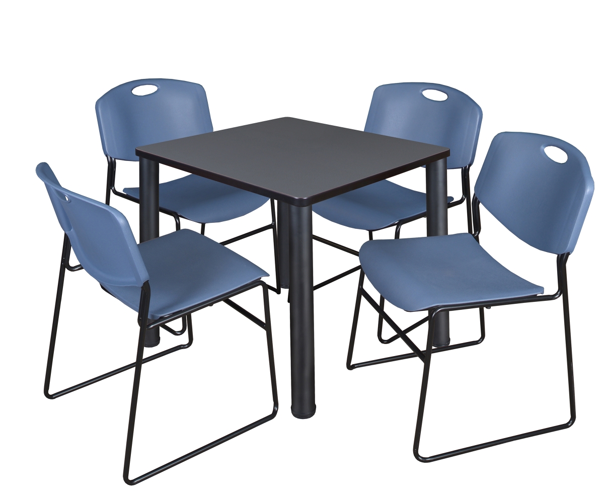 Grey 30 in. Kee Square Breakroom Table with Black & Blue 4 Zeng Stack Chairs