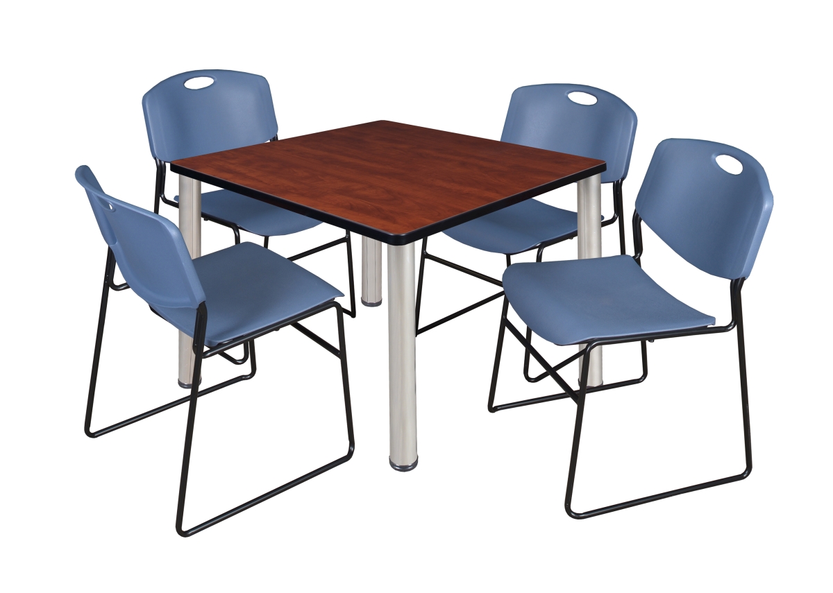 Cherry 36 in. Kee Square Breakroom Table with Chrome & Blue 4 Zeng Stack Chairs