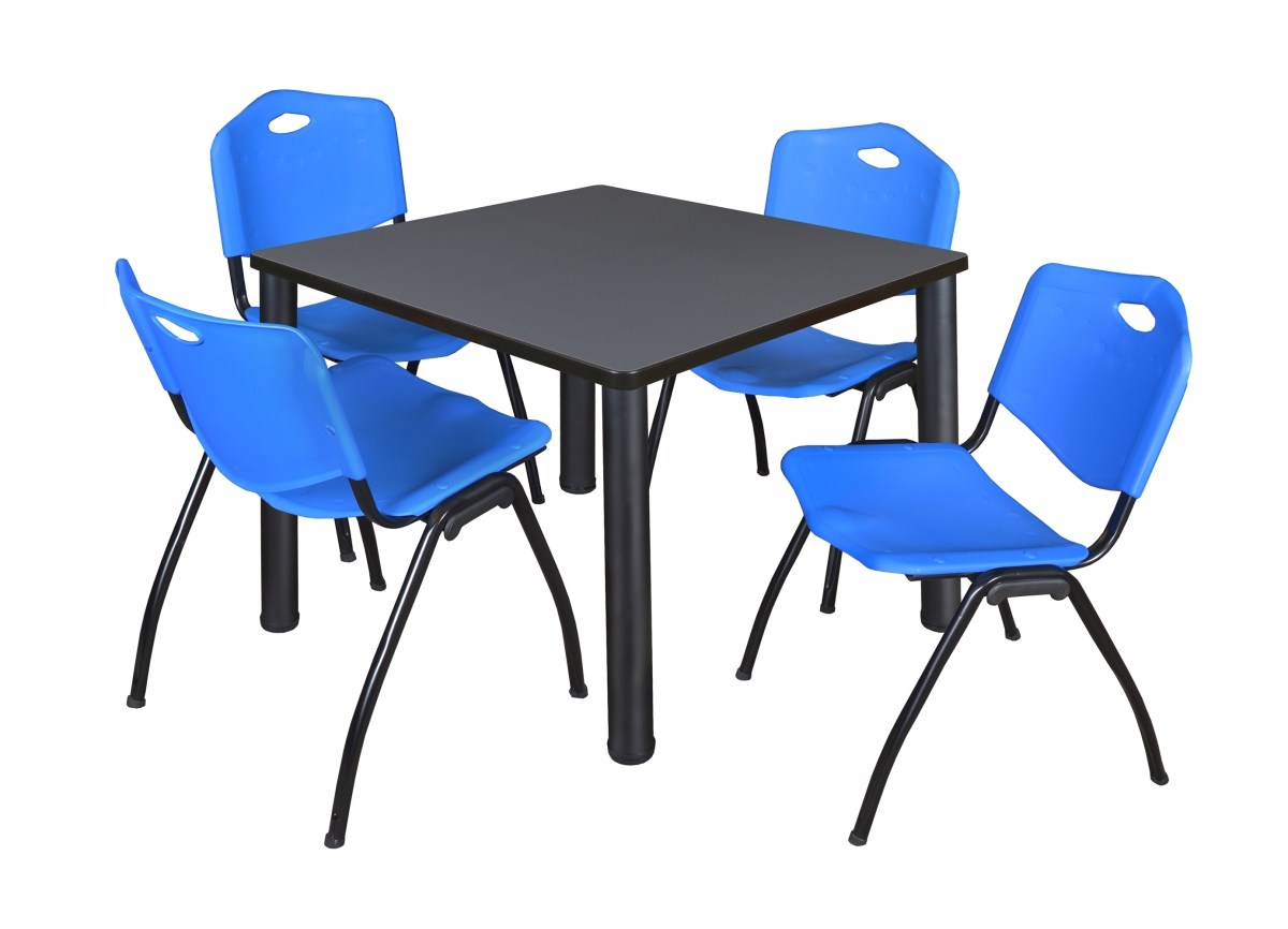 Grey 36 in. Kee Square Breakroom Table with Black & Blue 4 M Stack Chairs
