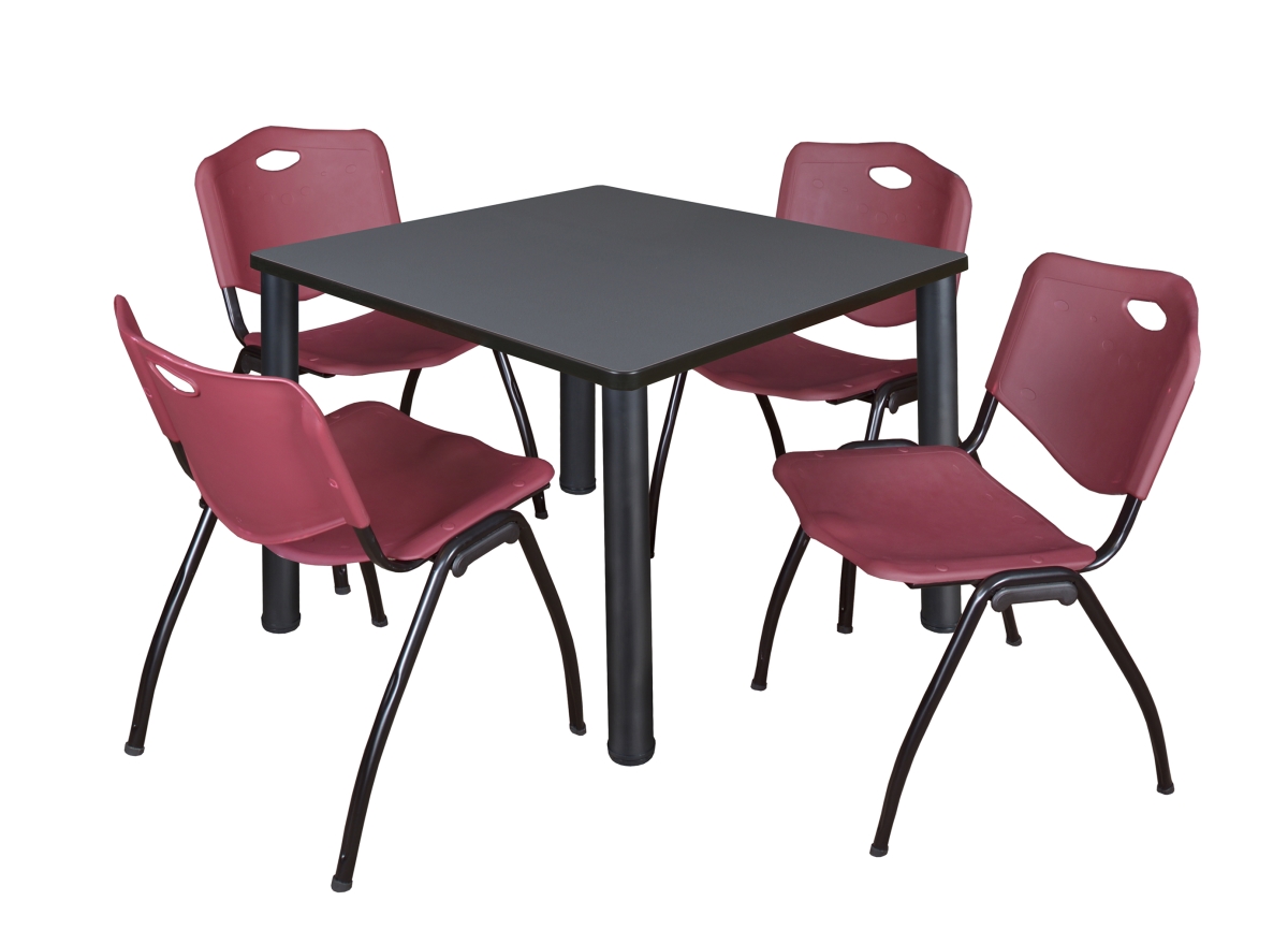 Grey 36 in. Kee Square Breakroom Table with Black & Burgundy 4 M Stack Chairs
