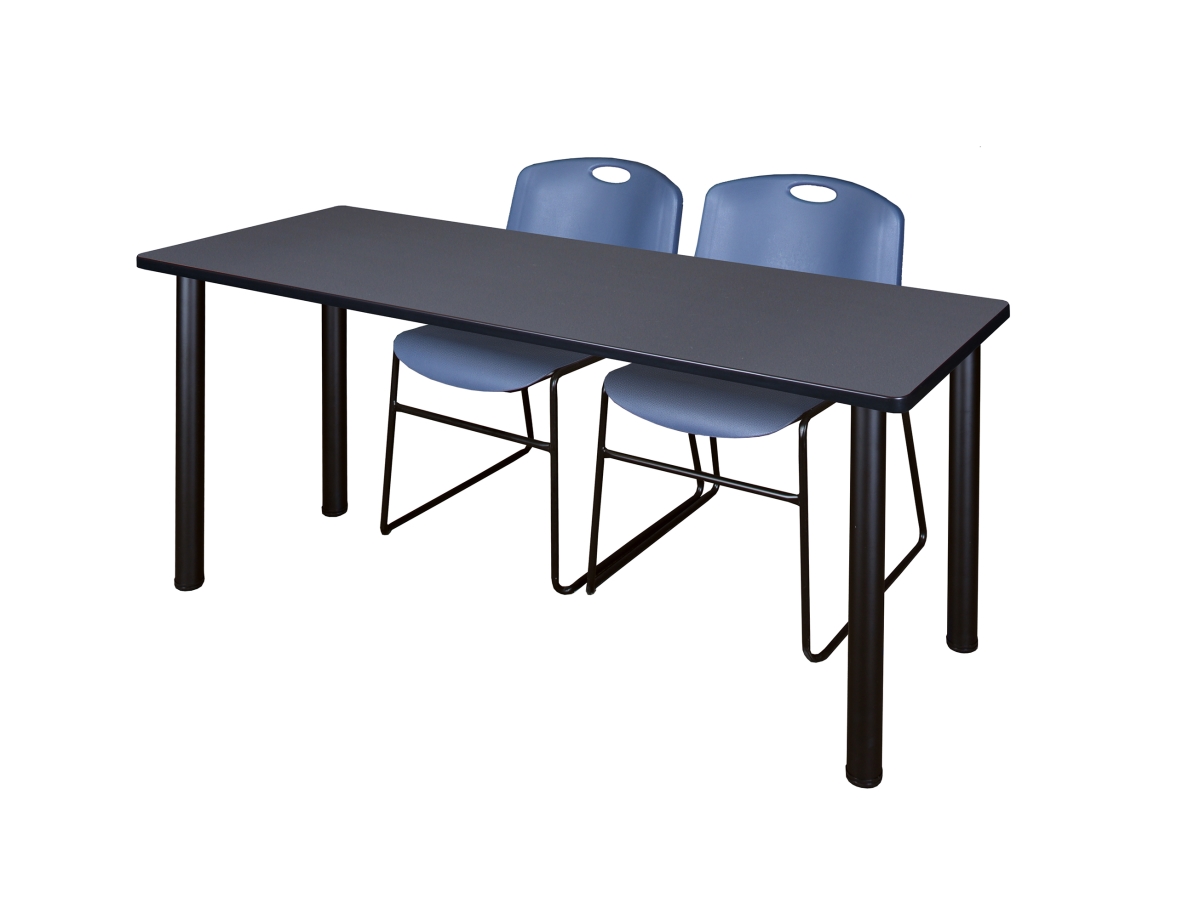 Grey 60 x 24 in. Kee Training Table with Black & Blue 2 Zeng Stack Chairs