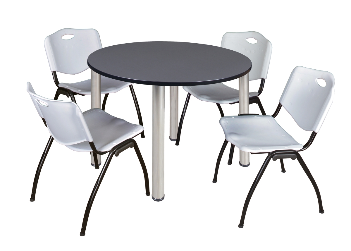 48 in. Gray & Chrome Kee Round Breakroom Table with 4 Gray M Stack Chairs