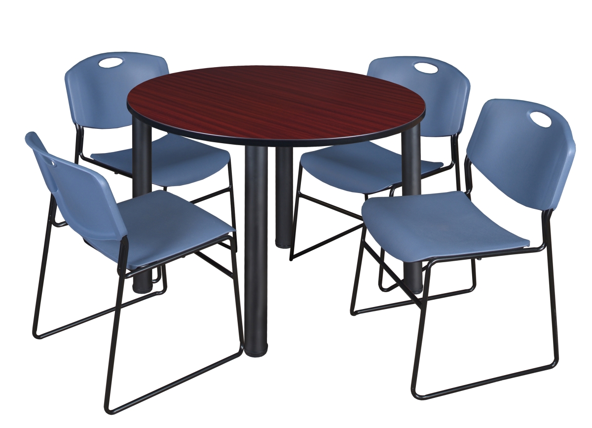 48 in. Kee Round Breakroom Table & 4 Zeng Stack Chairs, Mahogany, Black & Blue