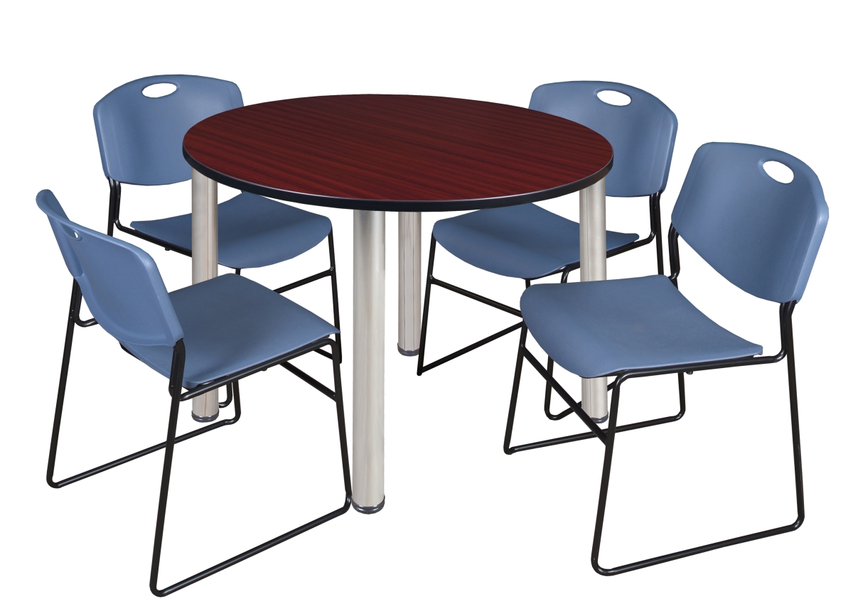 48 in. Kee Round Breakroom Table & 4 Zeng Stack Chairs, Mahogany, Chrome & Blue