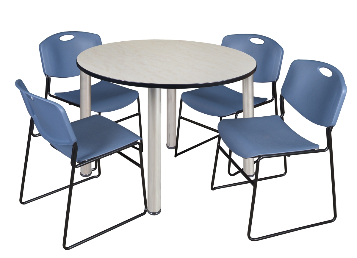 48 in. Kee Round Breakroom Table & 4 Zeng Stack Chairs, Maple, Chrome & Blue