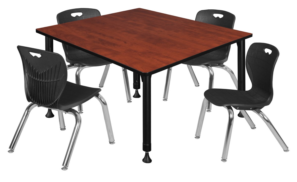 48 in. Kee Square Height Adjustable Classroom Table, Cherry & 4 Andy 12 in. Stack Chairs - Black