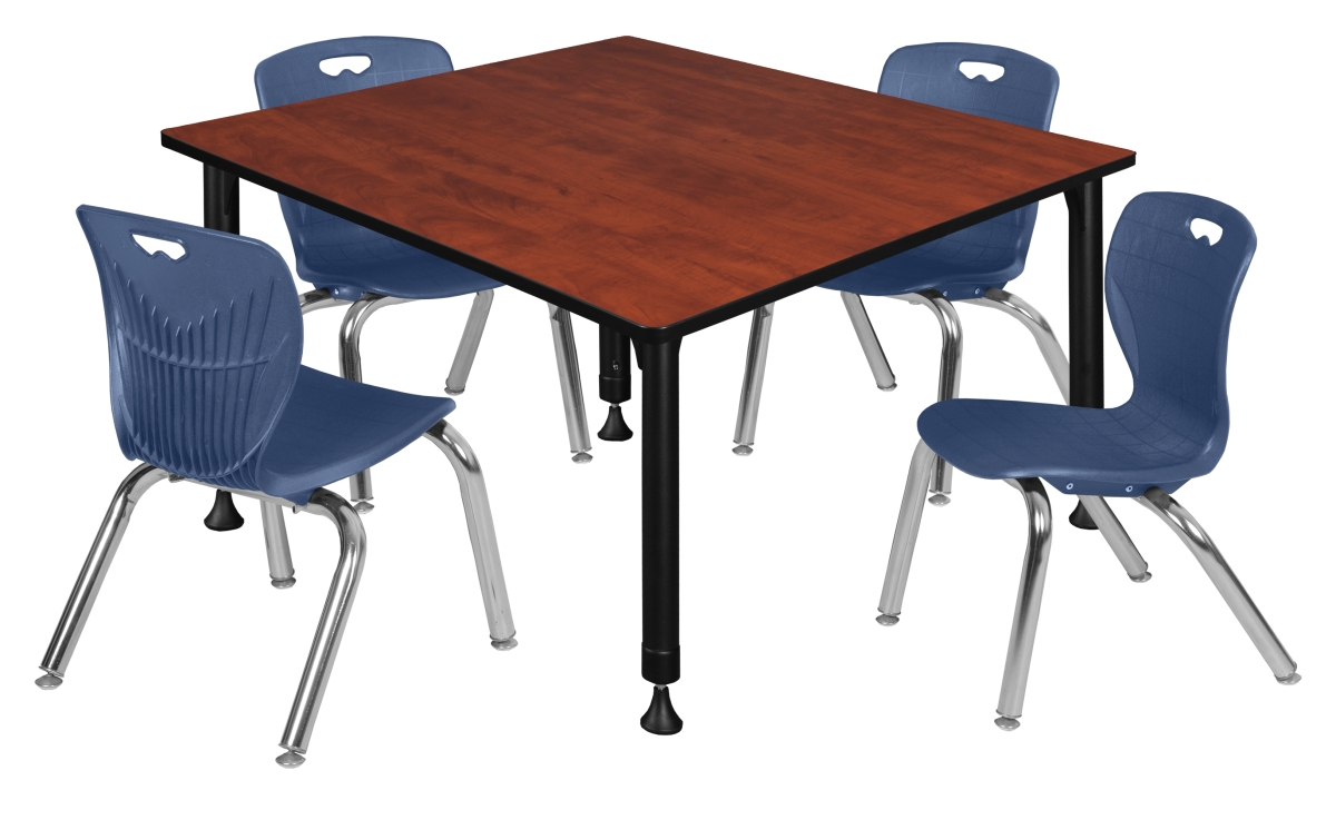 TB4848CHAPBK45NV 48 in. Kee Square Height Adjustable Classroom Table, Cherry & 4 Andy 12 in. Stack Chairs - Navy Blue
