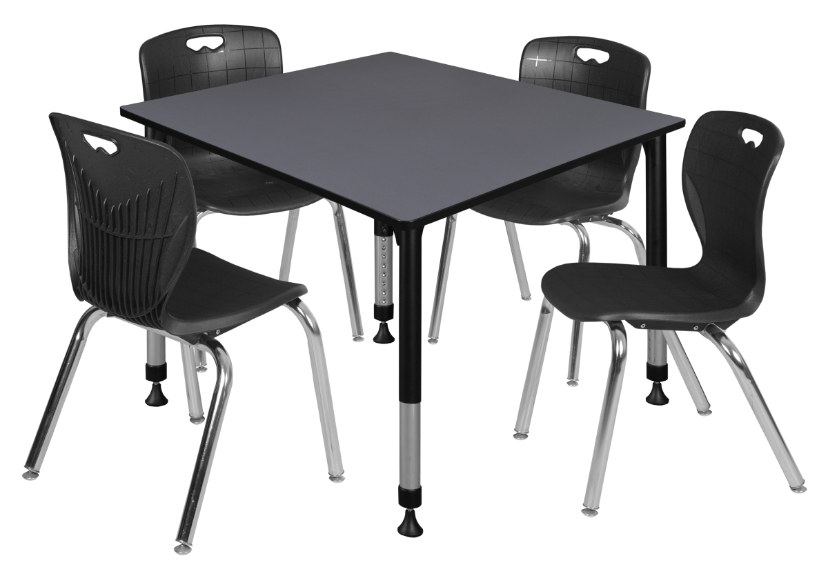 48 in. Kee Square Height Adjustable Classroom Table, Grey & 4 Andy 18 in. Stack Chairs - Black
