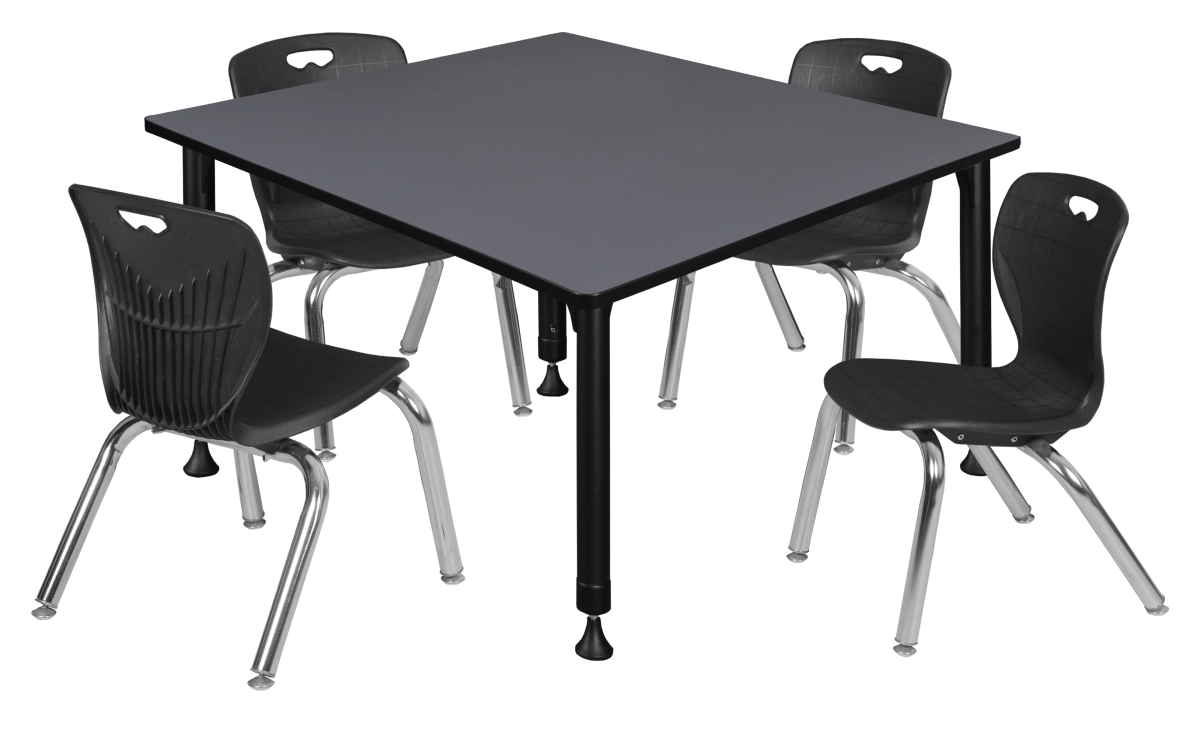 48 in. Kee Square Height Adjustable Classroom Table, Grey & 4 Andy 12 in. Stack Chairs - Black