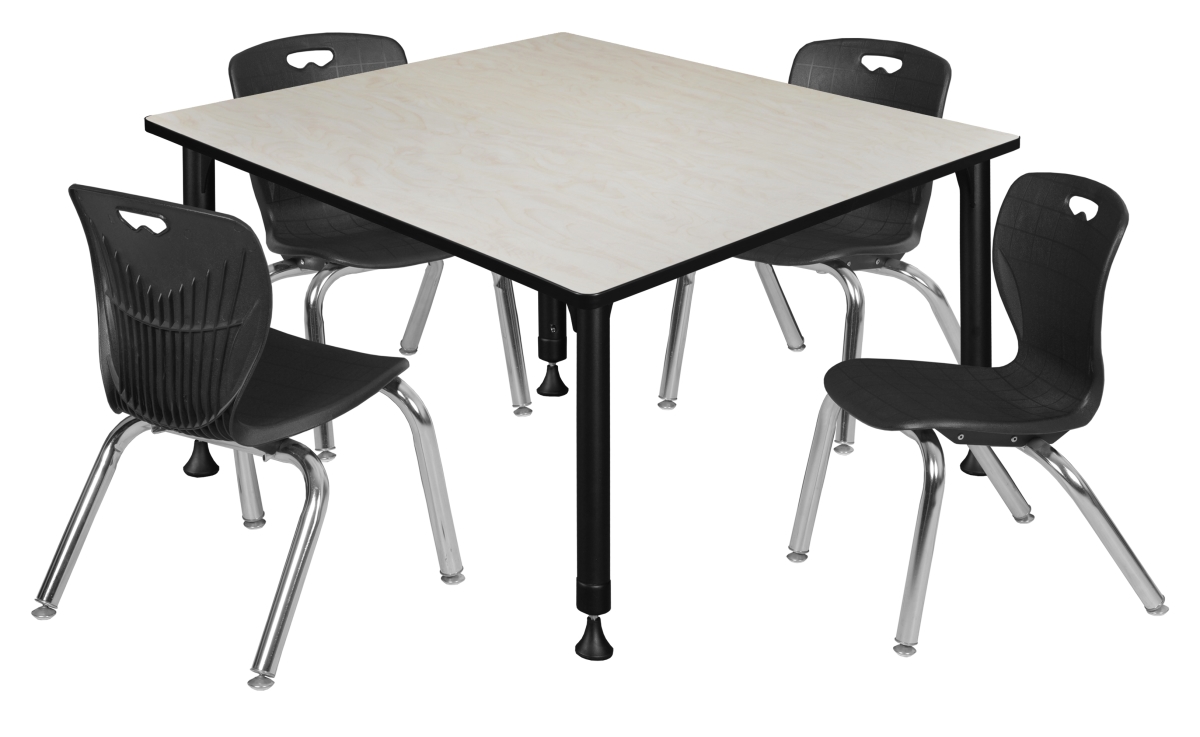 TB4848PLAPBK45BK 48 in. Kee Square Height Adjustable Classroom Table, Maple & 4 Andy 12 in. Stack Chairs - Black