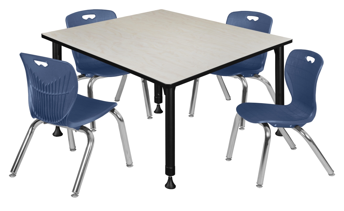 48 in. Kee Square Height Adjustable Classroom Table, Maple & 4 Andy 12 in. Stack Chairs - Navy Blue