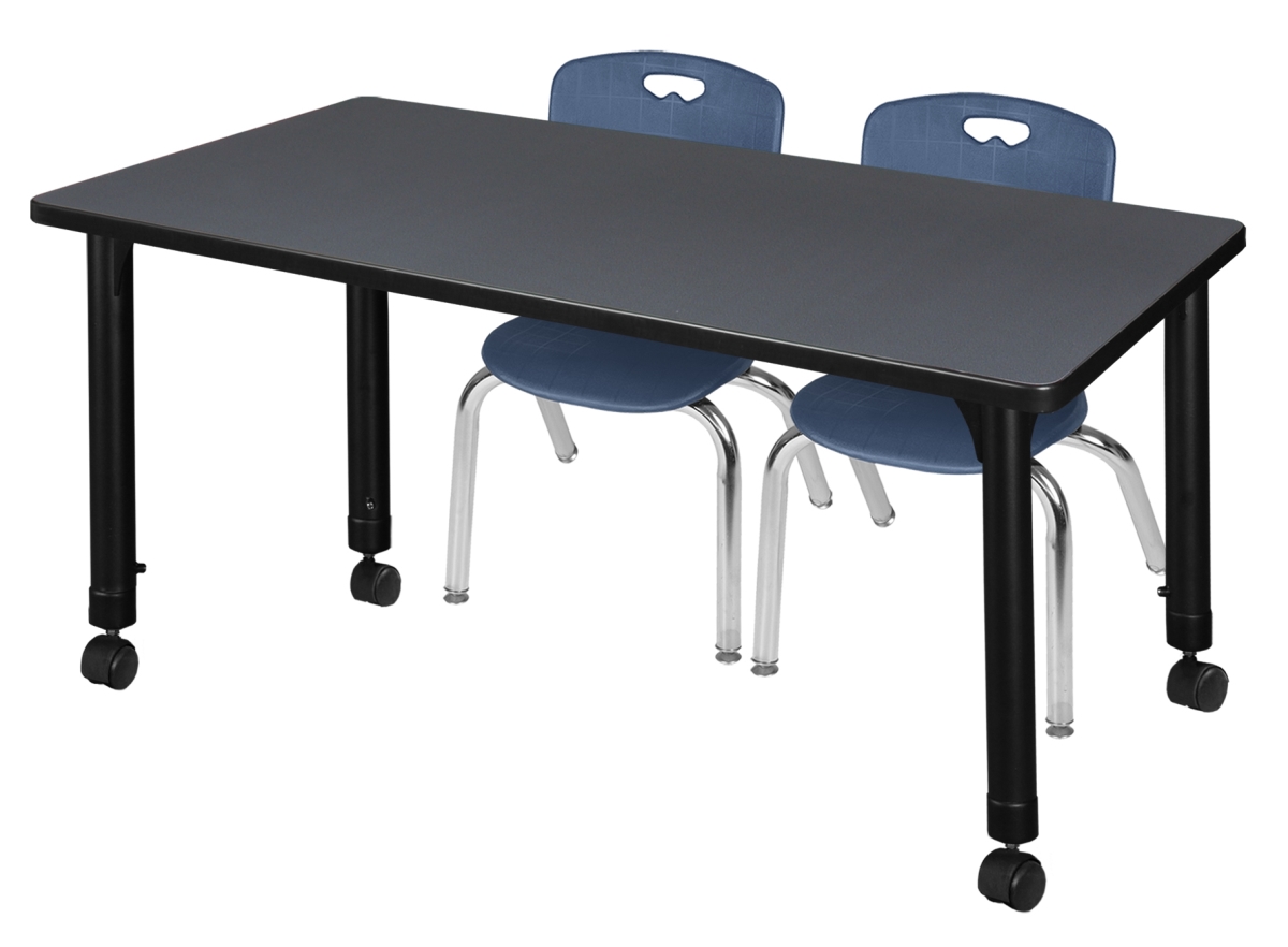 48 x 24 in. Kee Height Adjustable Mobile Classroom Table, Grey & 2 Andy 12 in. Stack Chairs - Navy Blue