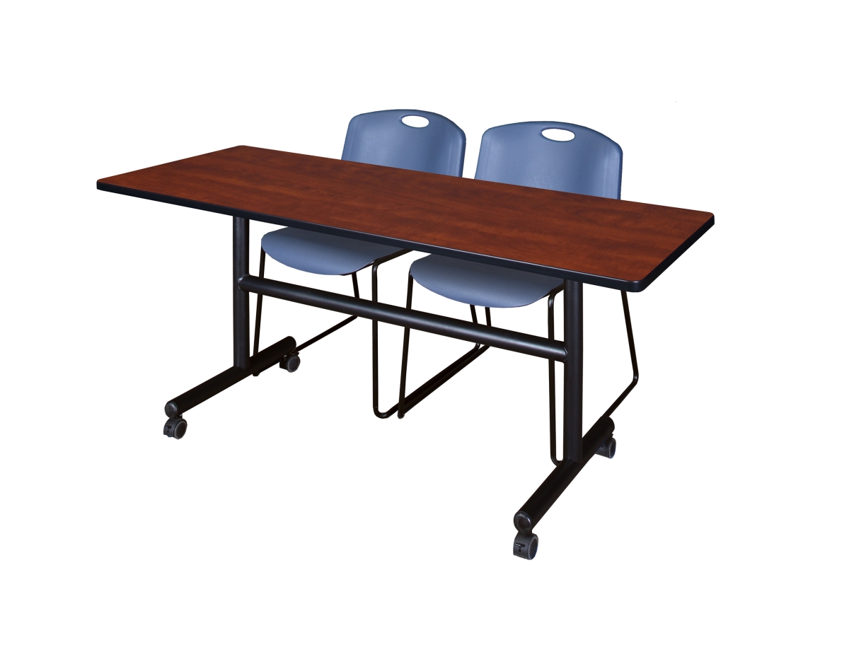MKFT6024CH44BE 60 in. Kobe Flip Top Mobile Training Table, Cherry & 2 in. Zeng Stack Chairs - Blue