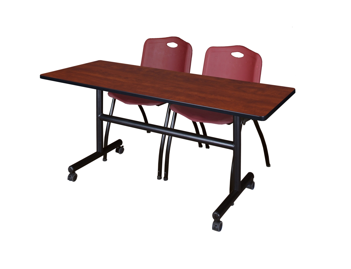 MKFT6024CH47BY 60 in. Kobe Flip Top Mobile Training Table, Cherry & 2 in. M Stack Chairs - Burgundy