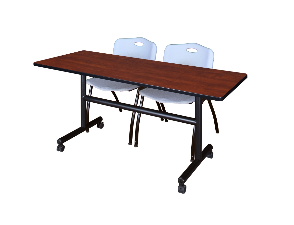 60 in. Kobe Flip Top Mobile Training Table, Cherry & 2 in. M Stack Chairs - Grey