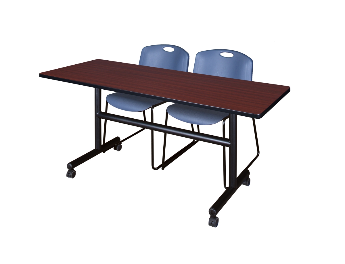 60 in. Kobe Flip Top Mobile Training Table, Mahogany & 2 in. Zeng Stack Chairs - Blue