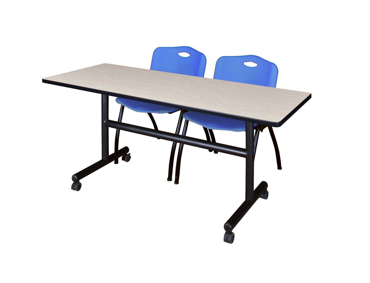 60 in. Kobe Flip Top Mobile Training Table, Maple & 2 in. M Stack Chairs - Blue