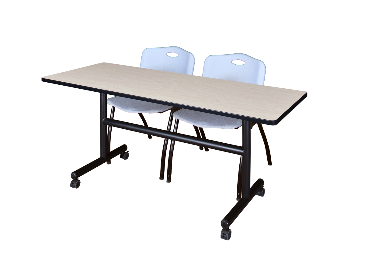 60 in. Kobe Flip Top Mobile Training Table, Maple & 2 in. M Stack Chairs - Grey
