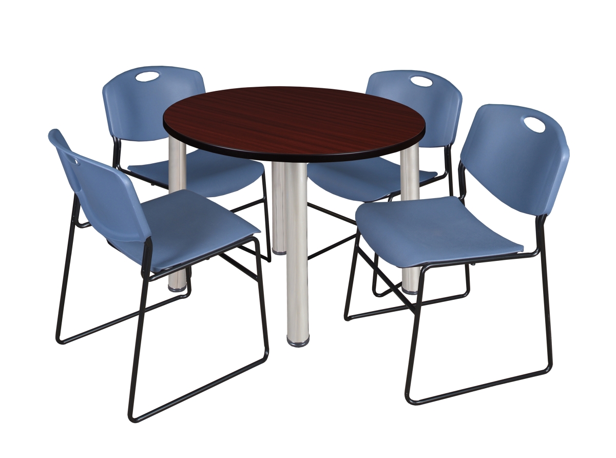 42 in. Kee Round Breakroom Table, Mahogany & Chrome & 4 in. Zeng Stack Chairs - Blue