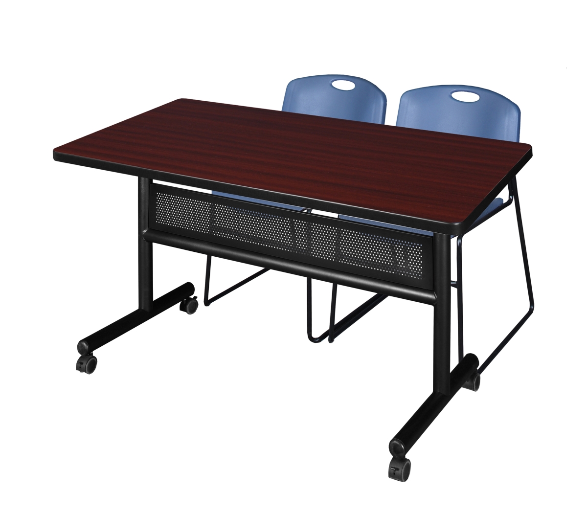MKFTM4830MH44BE 48 x 30 in. Flip Top Mobile Training Table with Modesty Panel, Mahogany & 2 in. Zeng Stack Chairs - Blue