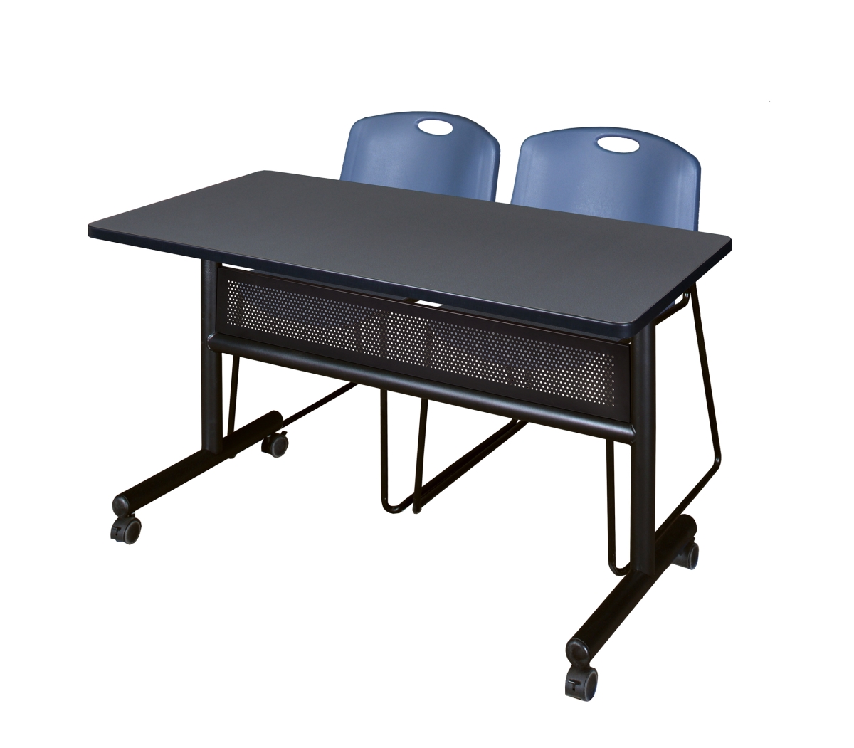 48 x 24 in. Flip Top Mobile Training Table with Modesty Panel, Grey & 2 in. Zeng Stack Chairs - Blue