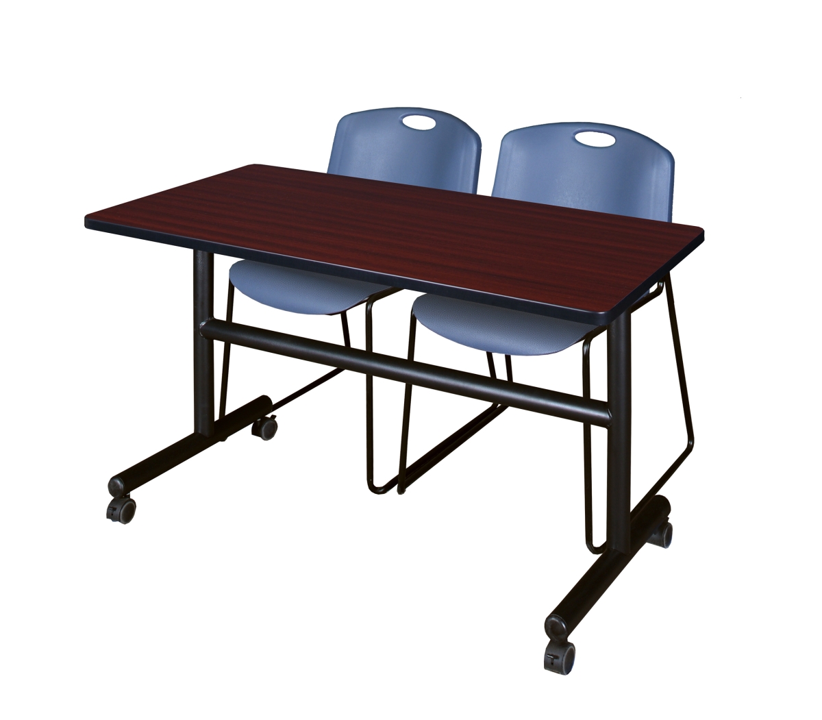 48 x 30 in. Flip Top Mobile Training Table, Mahogany & 2 in. Zeng Stack Chairs - Blue
