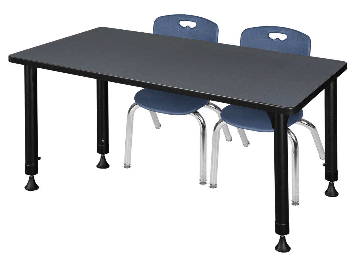 48 x 24 in. Kee Height Adjustable Classroom Table, Grey & 2 Andy 12 in. Stack Chairs - Navy Blue