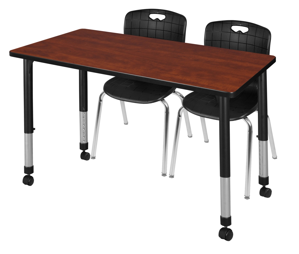 48 x 30 in. Kee Height Adjustable Mobile Classroom Table, Cherry & 2 Andy 18 in. Stack Chairs - Black