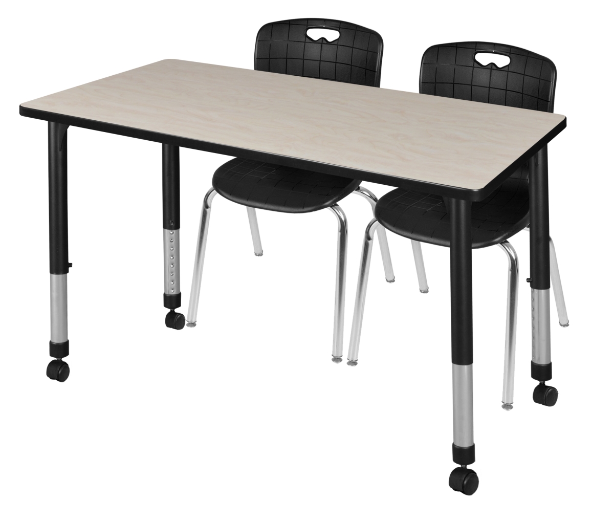 48 x 30 in. Kee Height Adjustable Mobile Classroom Table, Maple & 2 Andy 18 in. Stack Chairs - Black