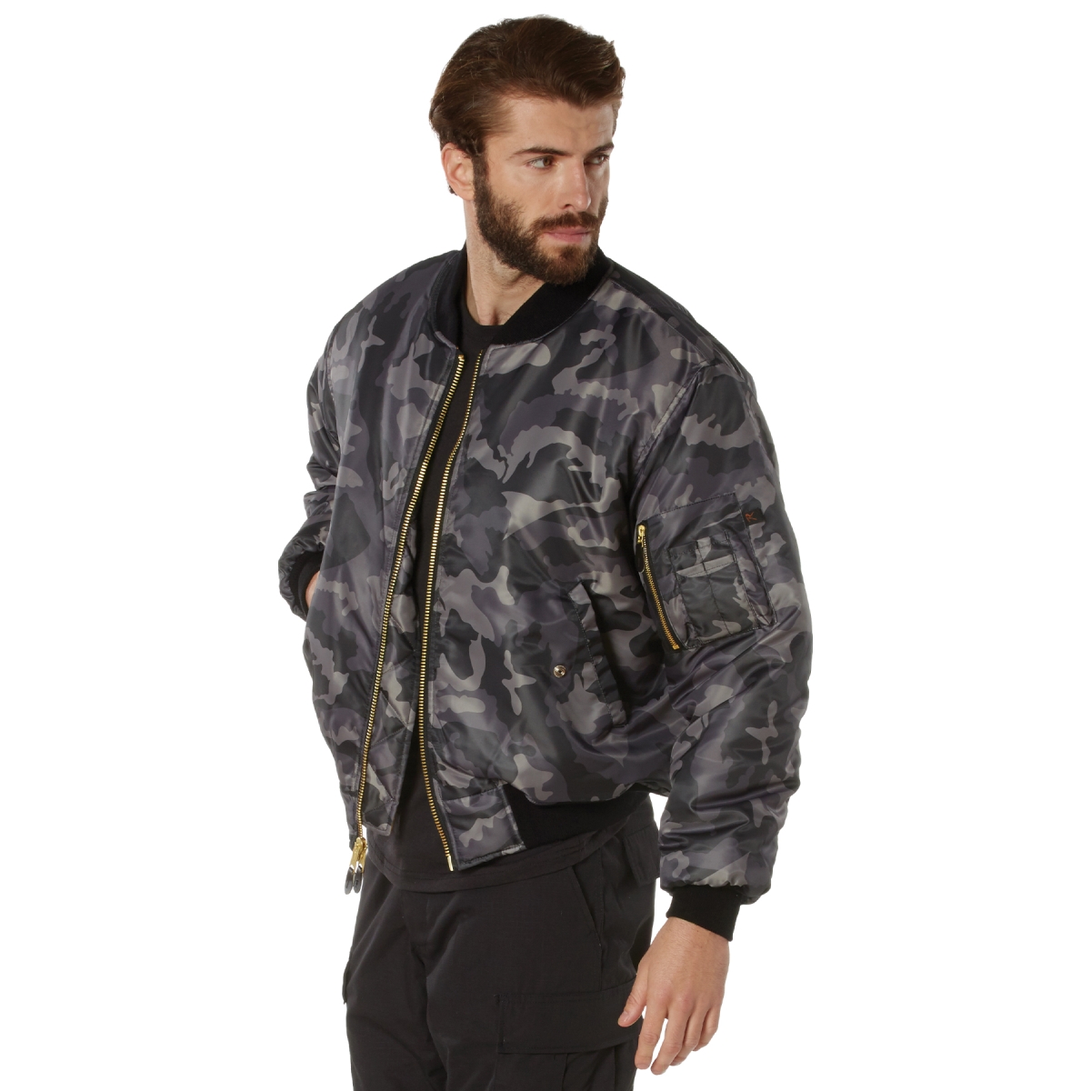 21622 Men MA-1 Flight Jacket, Black Camo - 3XL