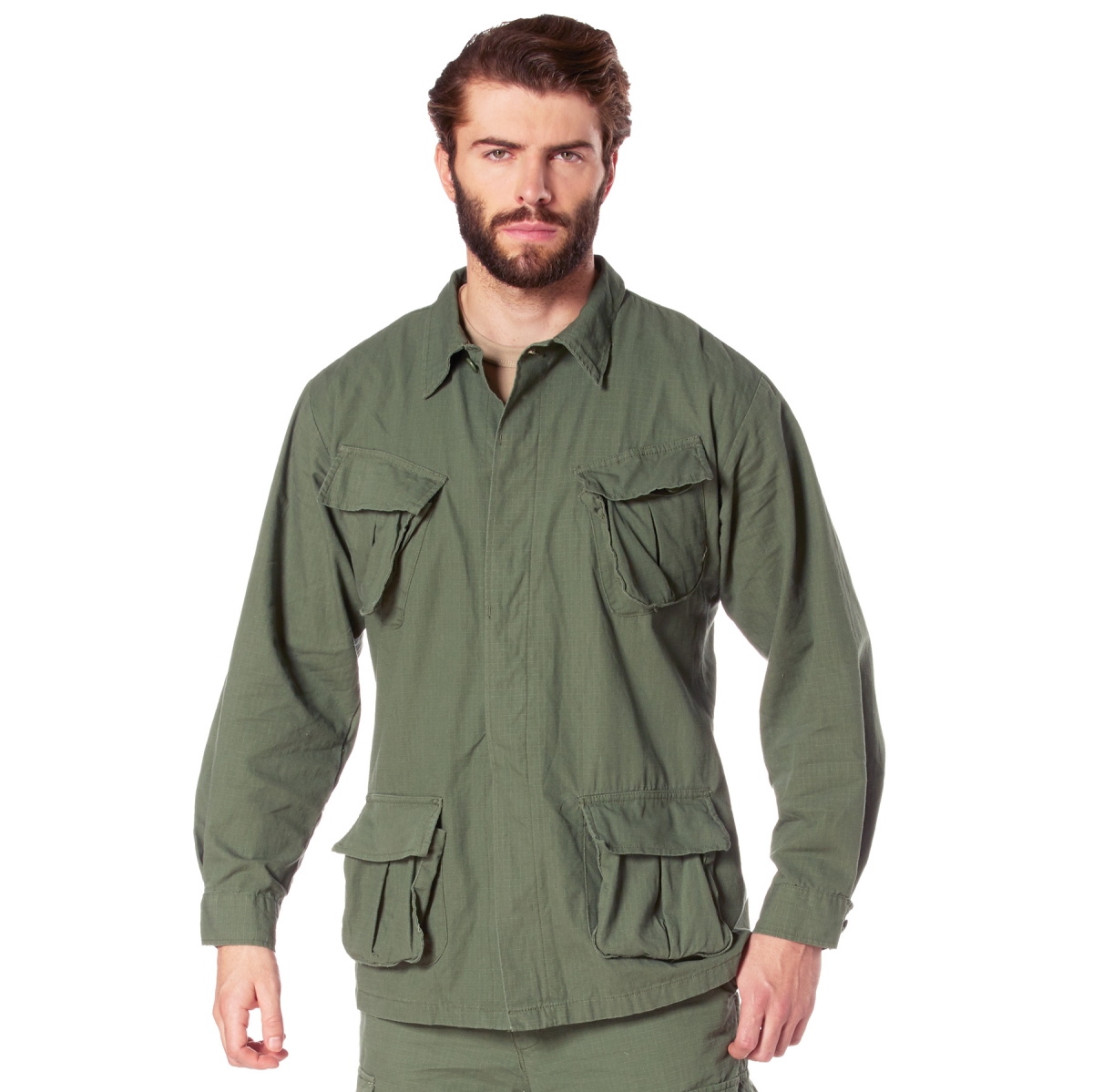 21499 Men Vintage Vietnam Fatigue RipStop Long Sleeve Shirt Olive Drab  5XL
