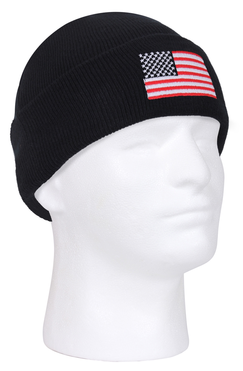 18267 US Flag Embroidered Fine Knit Watch Caps, Black
