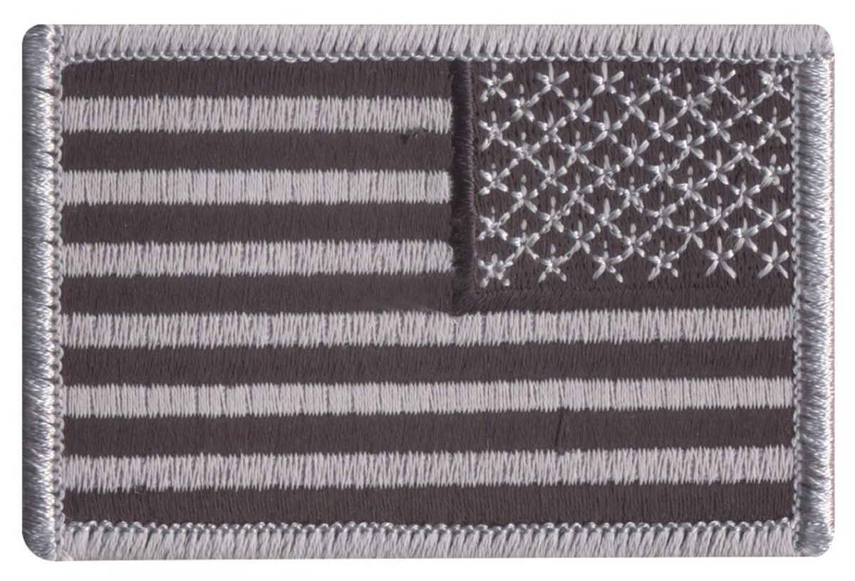 773 Reverse Iron & Sew On Embroidered US Flag Patch, Black & Silver