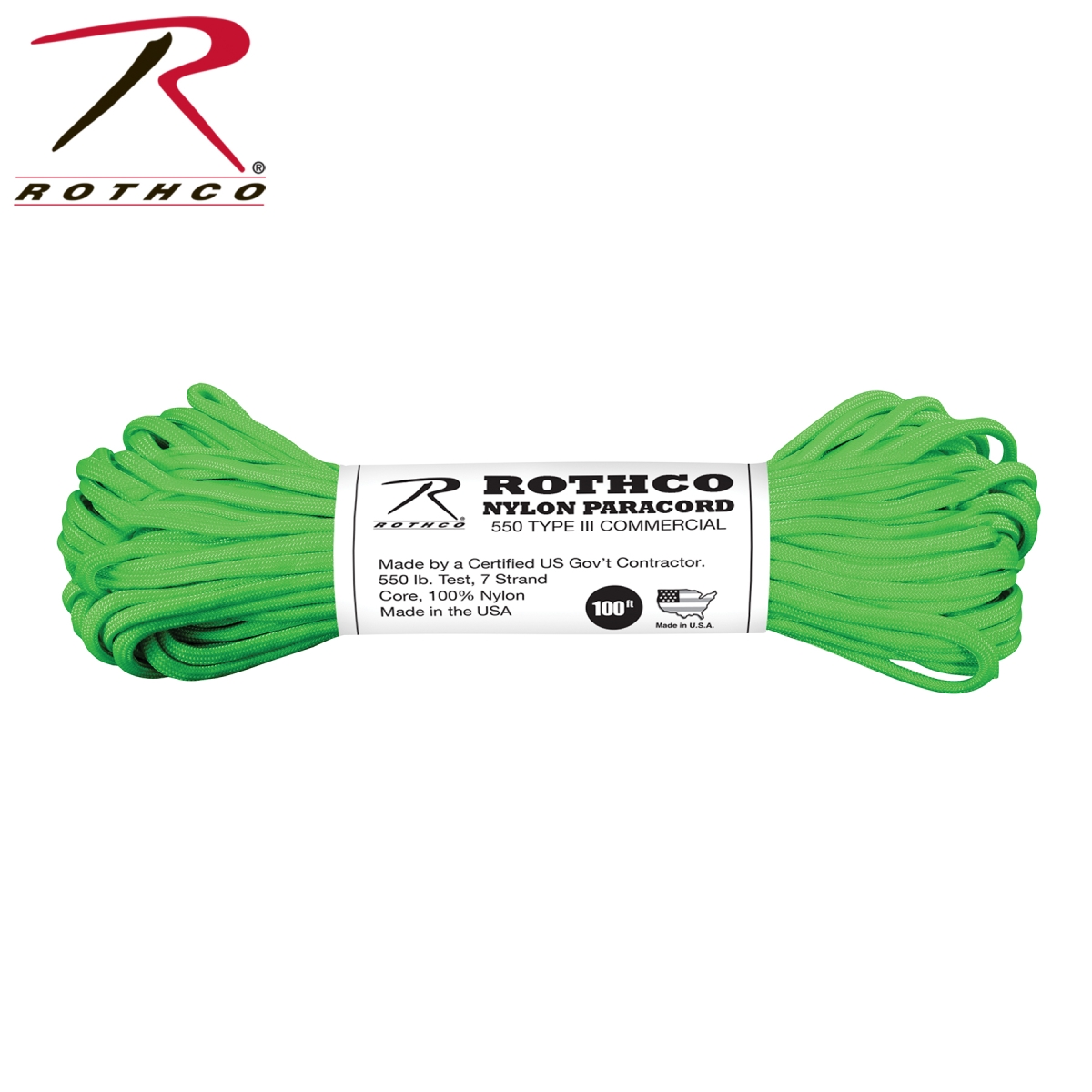2624 550 lbs Type III Nylon Paracord, Safety Green - 100 ft.