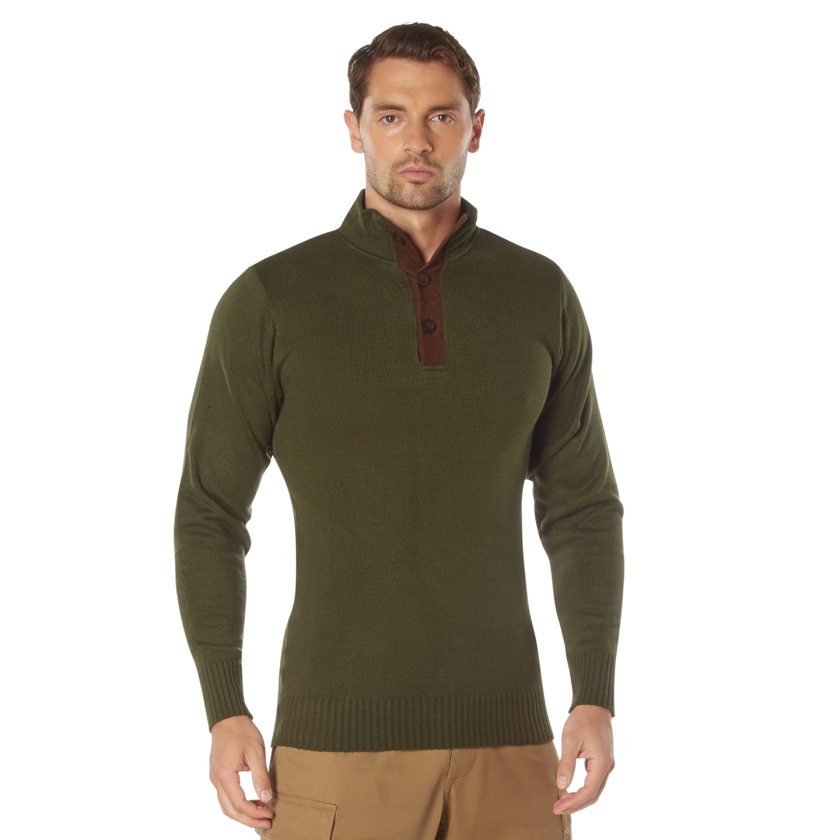 18638 3-Button Sweater with Suede Accents, Olive Drab - 2XL