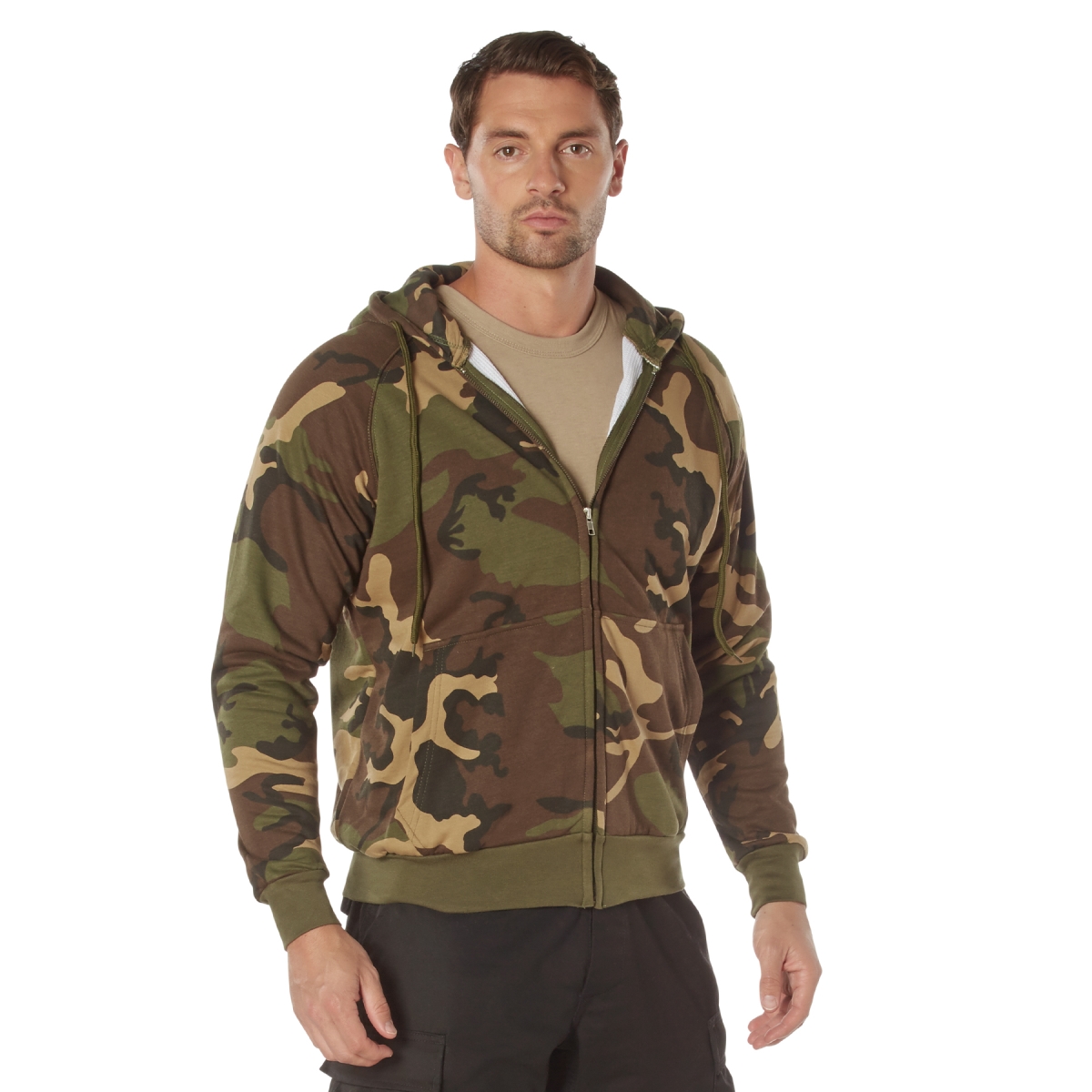Thermal Lined Full-Zip Hoodie - Woodland Camo - Small - Warm & Comfortable