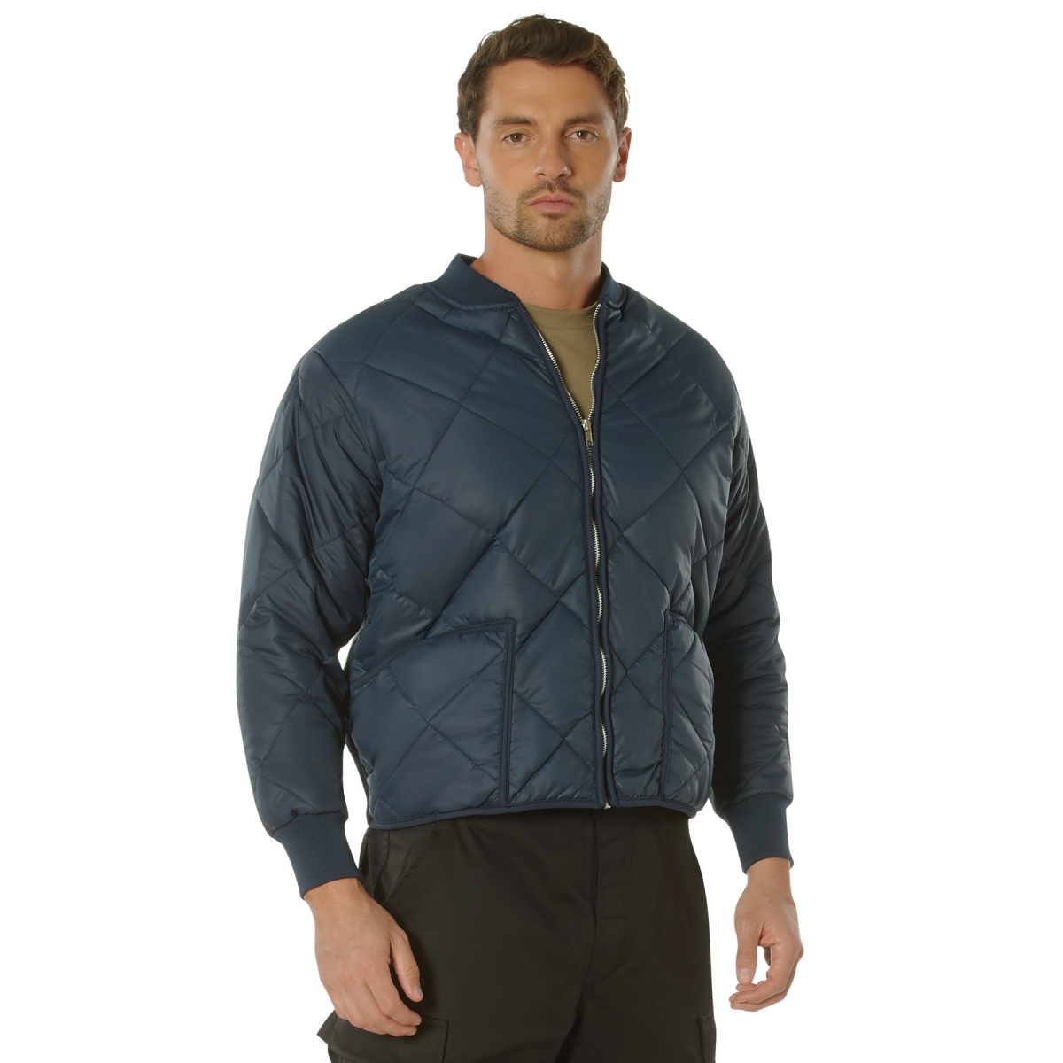 8005 Men Diamond Quilted Nylon Flight Jacket, Navy Blue - Extra Large