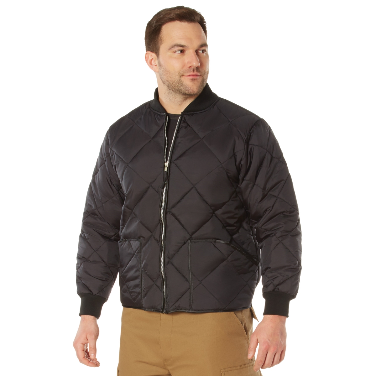 8207 Men Diamond Quilted Nylon Flight Jacket, Black - 4XL