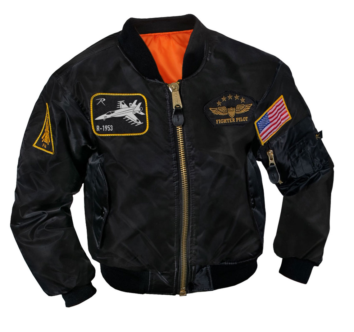 8311 Unisex Kids Flight Jacket with Patches, Black - Medium