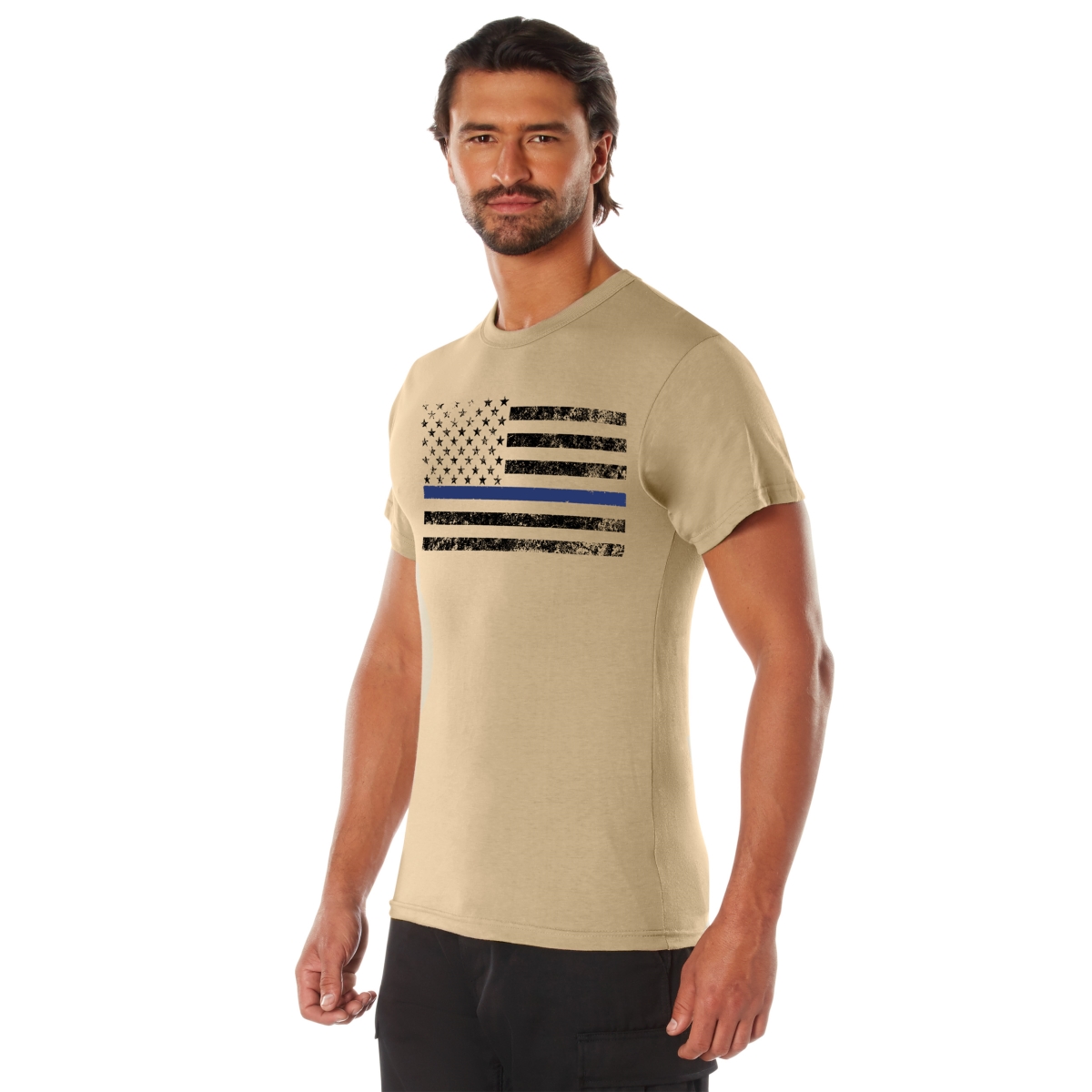 16712 Thin Blue Line Short Sleeve T-Shirt, Desert Sand with Black Flag - Extra Large