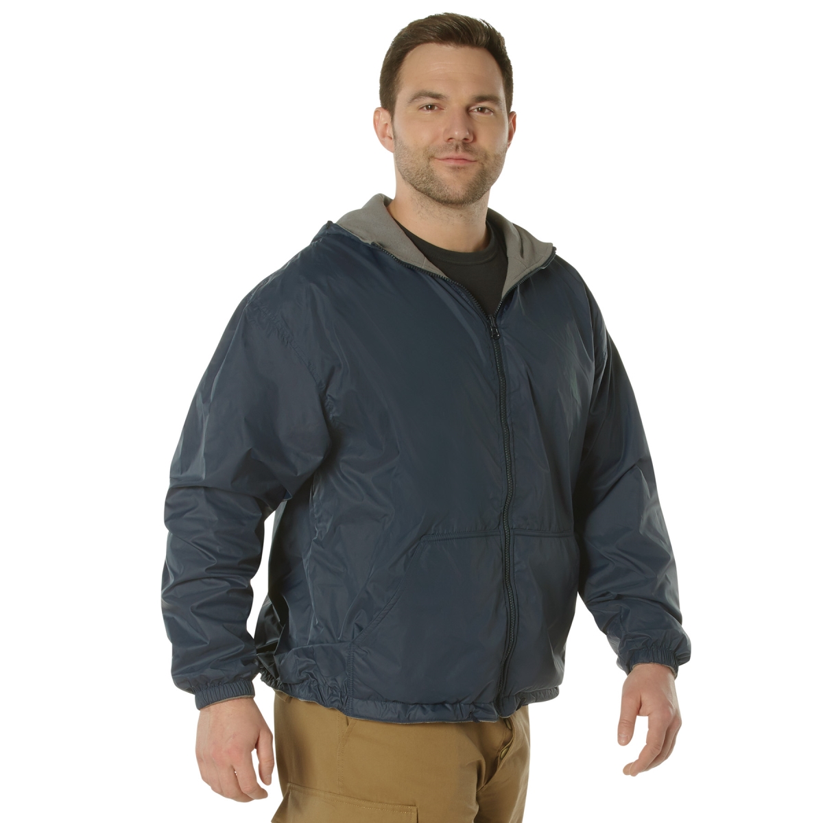 9453 Men Reversible Lined Jacket with Hood, Navy Blue - 2XL