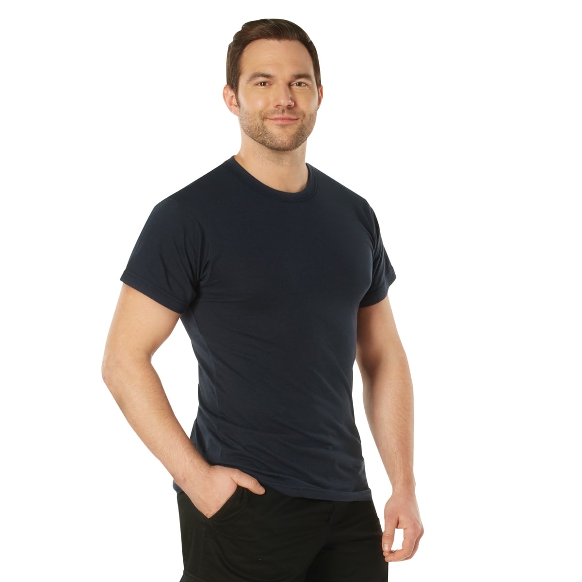 22623 Men Solid Color Short Sleeve T-Shirt with Cotton & Polyester Blend, Navy Blue - Medium