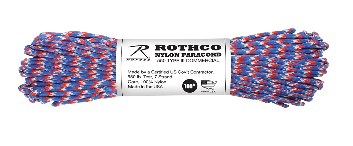 612 550 lbs Type III Nylon Camo Paracord, Red & White - Blue Camo - 100 ft.