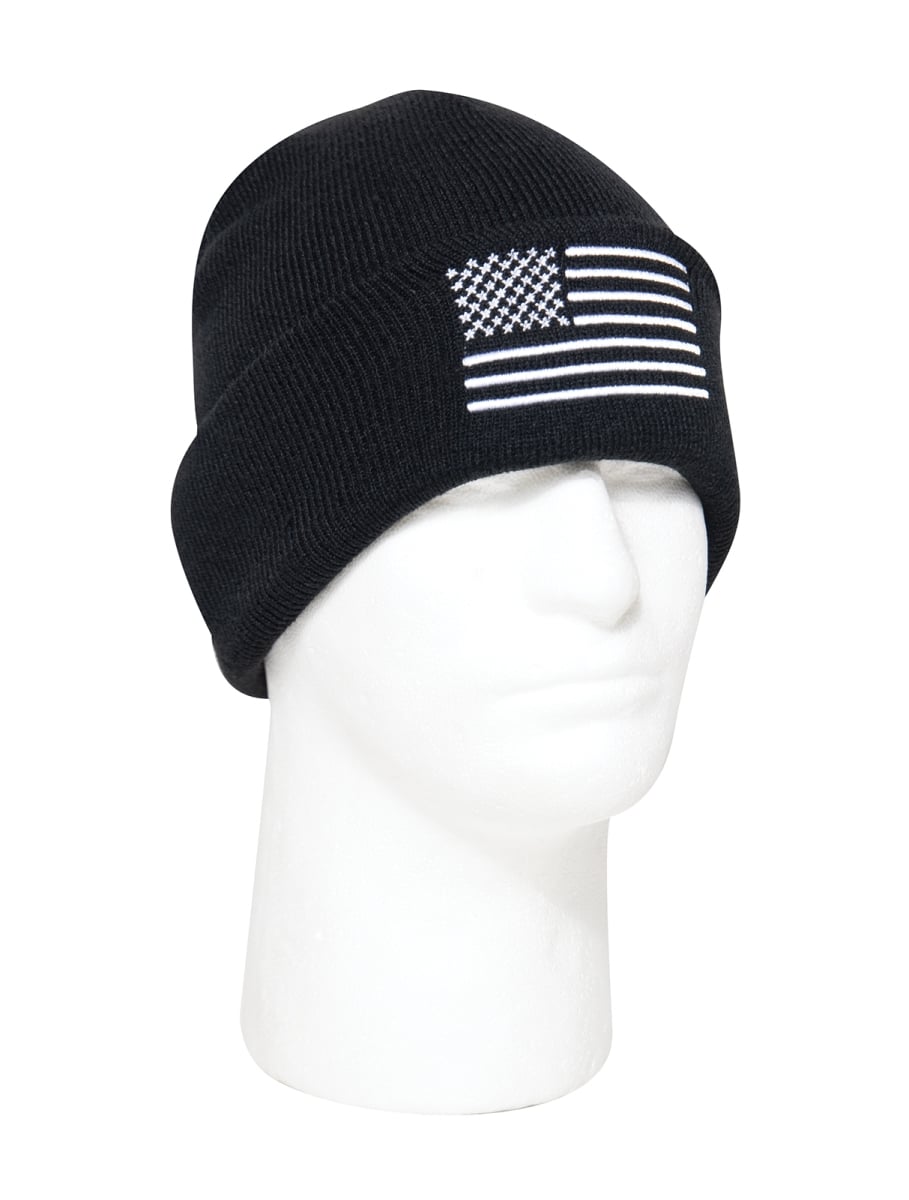 20723 US Flag Embroidered Fine Knit Watch Caps, Black & White
