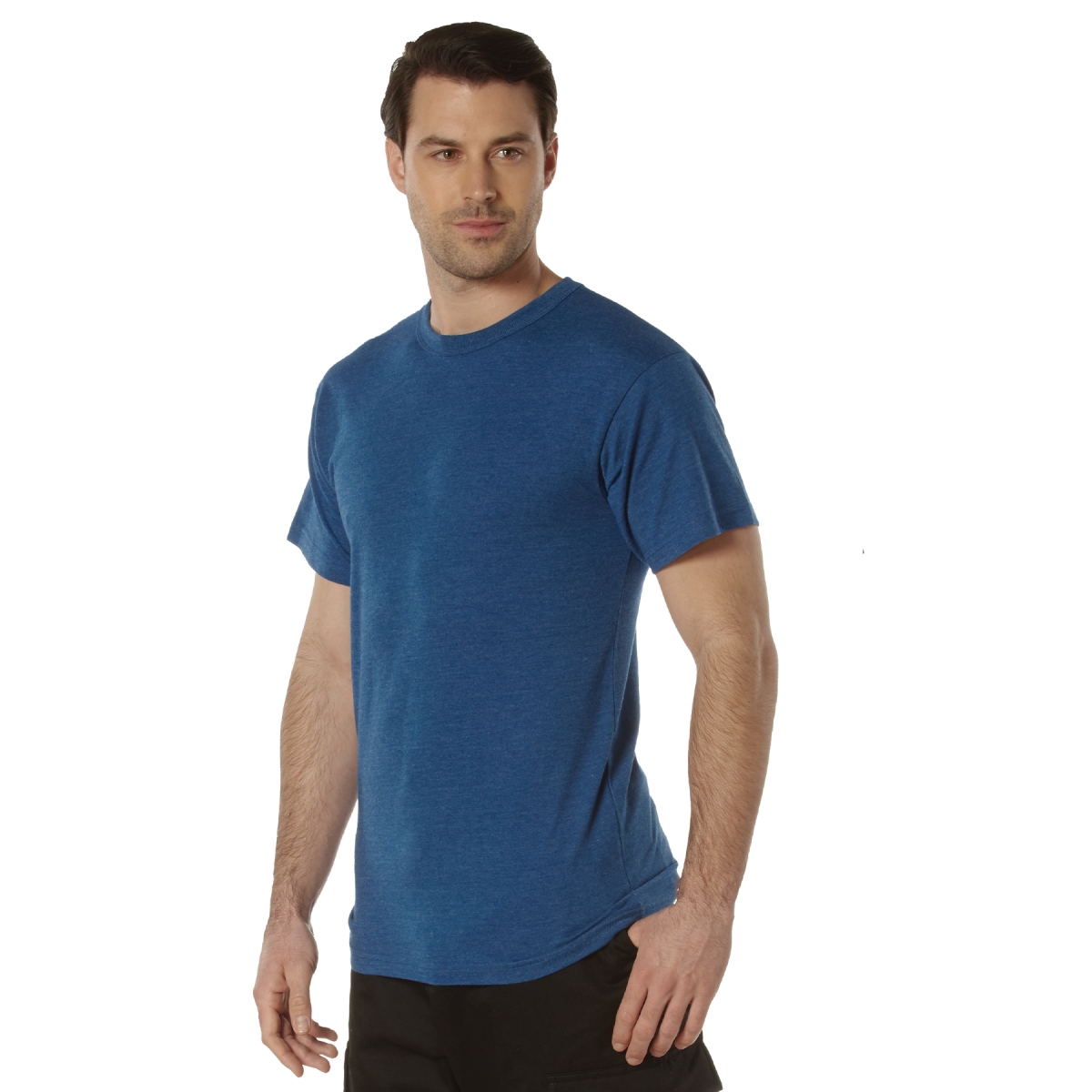 22613 Men Solid Color Short Sleeve T-Shirt with Cotton & Polyester Blend, Heather Blue - Extra Large