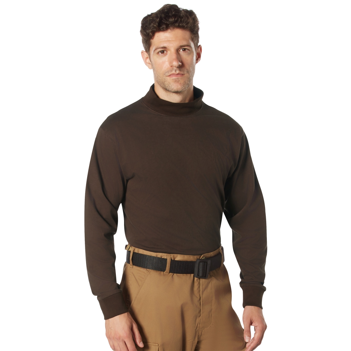 29647 Men Mock Turtleneck Long Sleeve Uniform Shirt, Dark Brown - 3XL