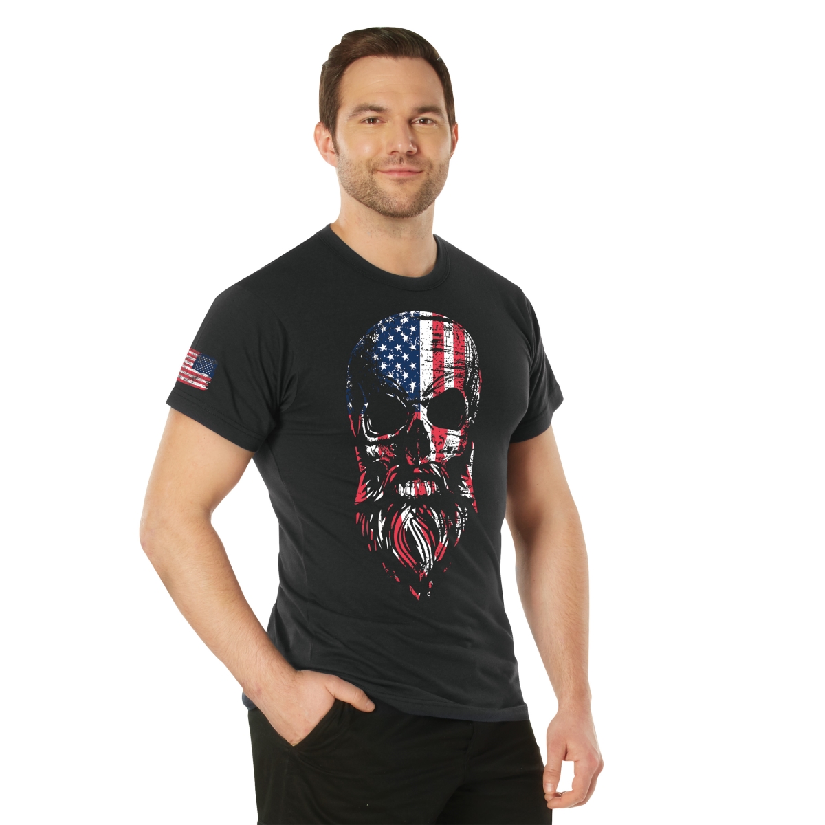 20188 US Flag Bearded Skull Short Sleeve T-Shirt, Black - Medium