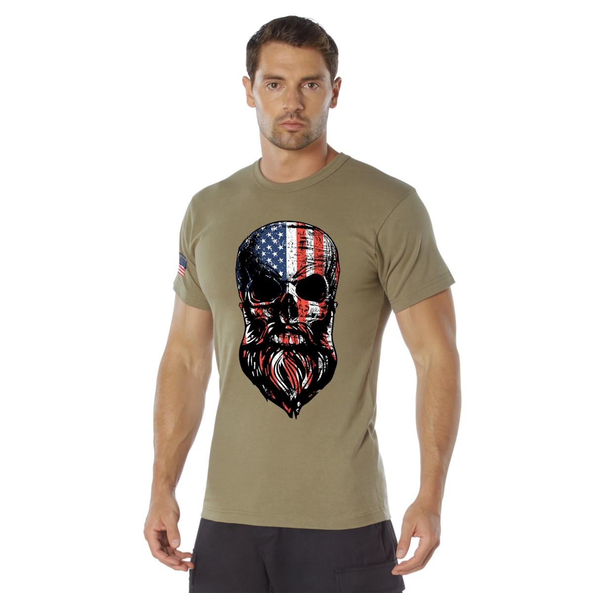 20939 US Flag Bearded Skull Short Sleeve T-Shirt, Coyote Brown - Medium