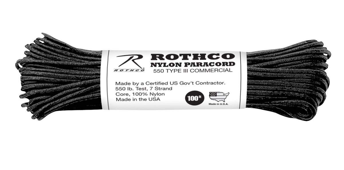 633 550 lbs Type III Nylon Paracord, Black & Reflective - 100 ft.